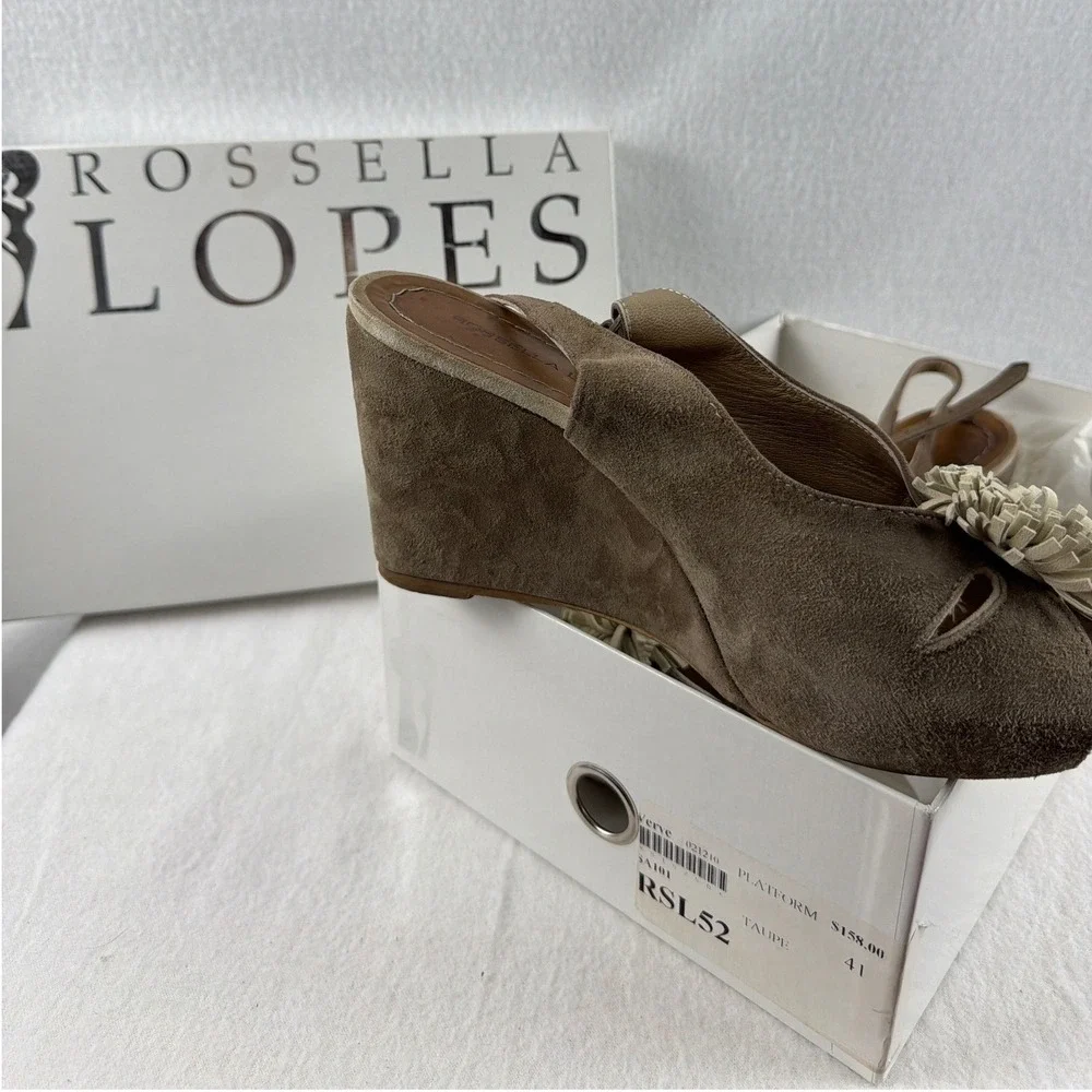 Rossella Lopes Italy Sz 11 Suede Wedge Sandals Slingback Peep Toe Pom Pom Brown